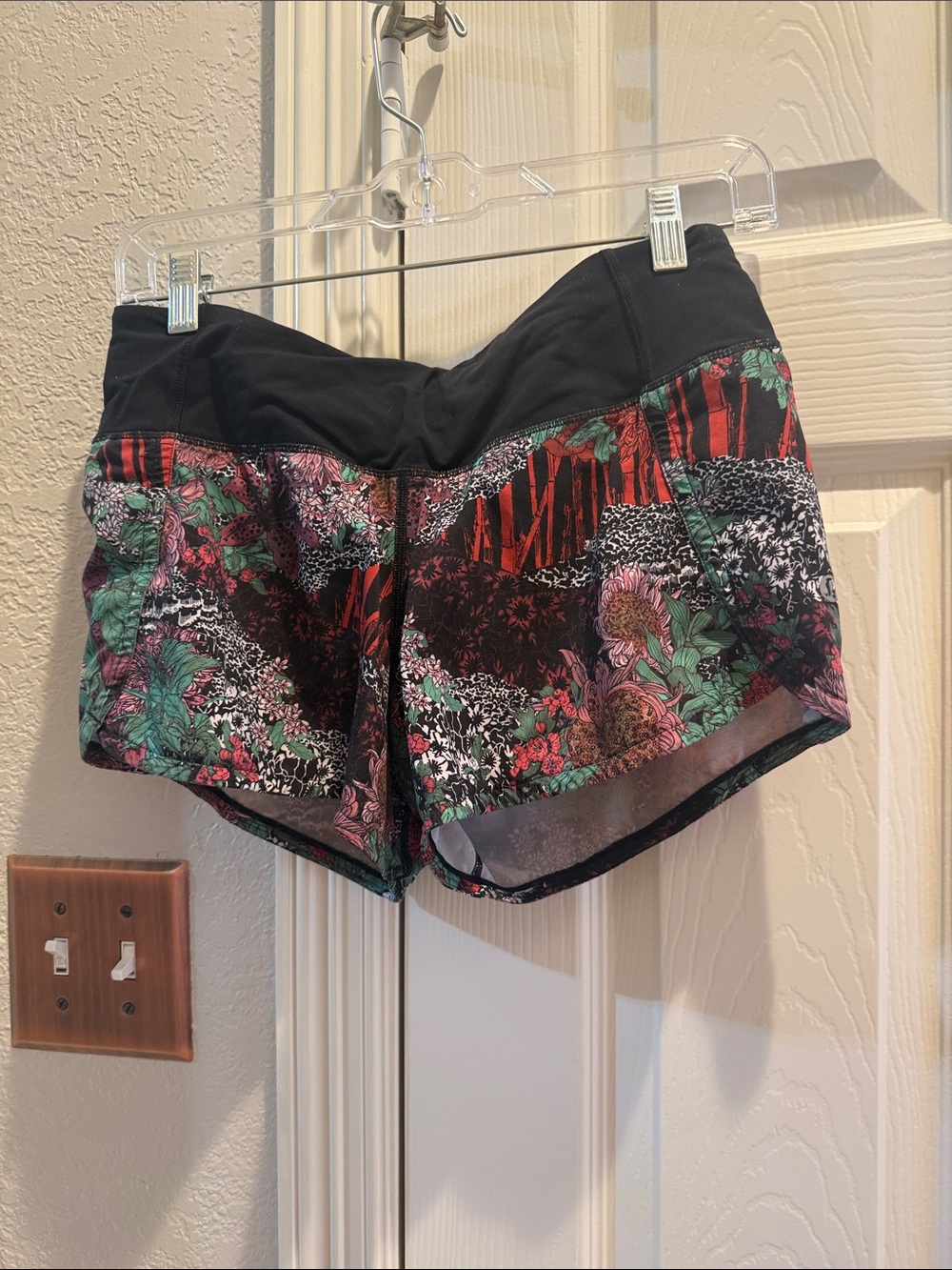 lululemon athletica Black Floral-Print Athletic Shorts with Green & Red Accents